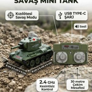 1:64 Ölçek 2.4 Ghz 9 Kanal Kızıl Ötesi Savaş Özellikli Uzaktan Kumandalı Typ-C Şarjlı Mini Tank (YEŞİL)