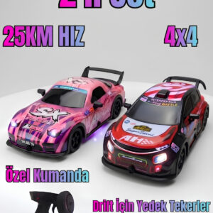 Uzaktan Kumandalı Araba 2'li Set Şarjlı Işıklı 4x4 Drift Aracı 25km/h 1:22 (PEMBE-KIRMIZI)