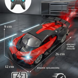 1:16 Ölçek Buhar Atan Full Fonksiyon Işıklı Şarjlı Bugatti Görünümlü Uzaktan Kumandalı Araba (KIRMIZI)