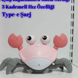 Emeklemeye Yardımcı 3 Hız Kademeli Kapatıp Açılabilen Müzikli Sensörlü Şarjlı(PEMBE)Yengeç Oyuncak