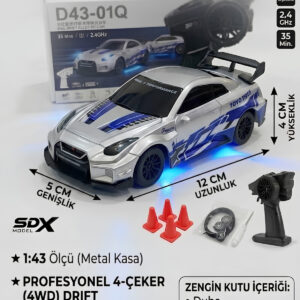 1:43 Ölçek Metal Şarjlı Mini Drift Rc 15 Km Hız 4 Çeker Nissan Gtr Tasarım Profesyonel Uzaktan Kumandalı Drift ve Yarış Arabası (GRİ)