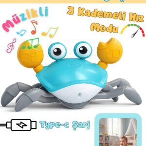 Emeklemeye Yardımcı 3 Hız Kademeli Kapatıp Açılabilen Müzikli Sensörlü Şarjlı Yengeç Oyuncak (MAVİ)